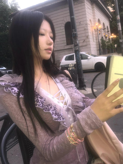 Cathy Dollette  2000s   Floral Ruffle Leopard TopPatchwork Lace Up Fairycore Knit Pullovers Japanese E-girl
