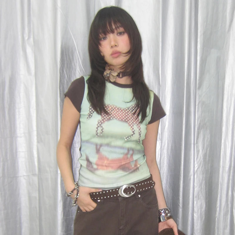 Cathy Dollette  Horse Short Sleeve Patchwork Top