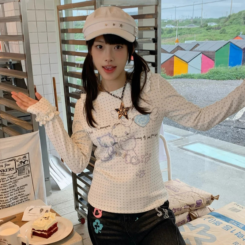 Cathy Dollette Japanese  Anime Print Knitted Top2000s s Long Sleeve  Cutecore Polka Dots Ribbed TopKawaii Cat