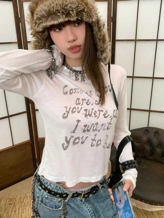 Cathy Dollette Vintage Print Letter T Shirt  See Through White Graphic Top  Grunge Top American Retro