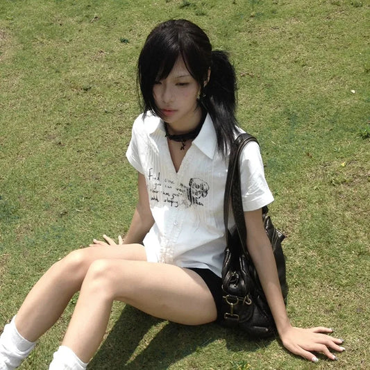 Cathy Dollette  s Pleated Shirt Grunge Gothic Skull Print White Shirts Trashy 2000s Style V-neck Blouses Japanese Harajuku