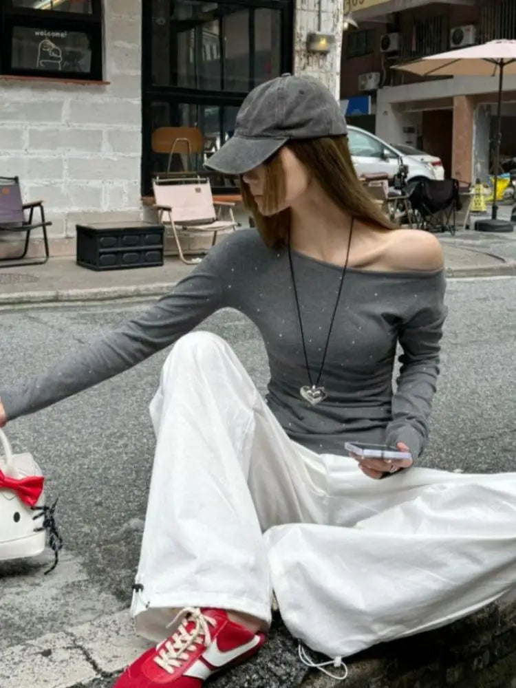 Cathy Dollette Hotsweet One Shoulder Dot T Shirt Long Sleeve Korean Fashion 's  2000s Clothes  Autumn TopTees Female