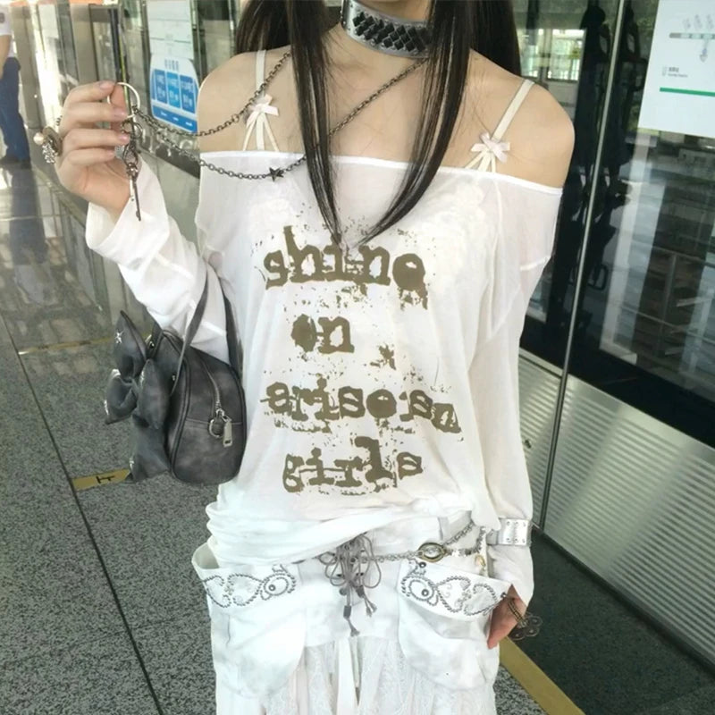Cathy Dollette Japanese  Off Shoulder TopTrashy 2000s Style Letter Print  Knitted Vintage Harajuku Sheer Top American Retro