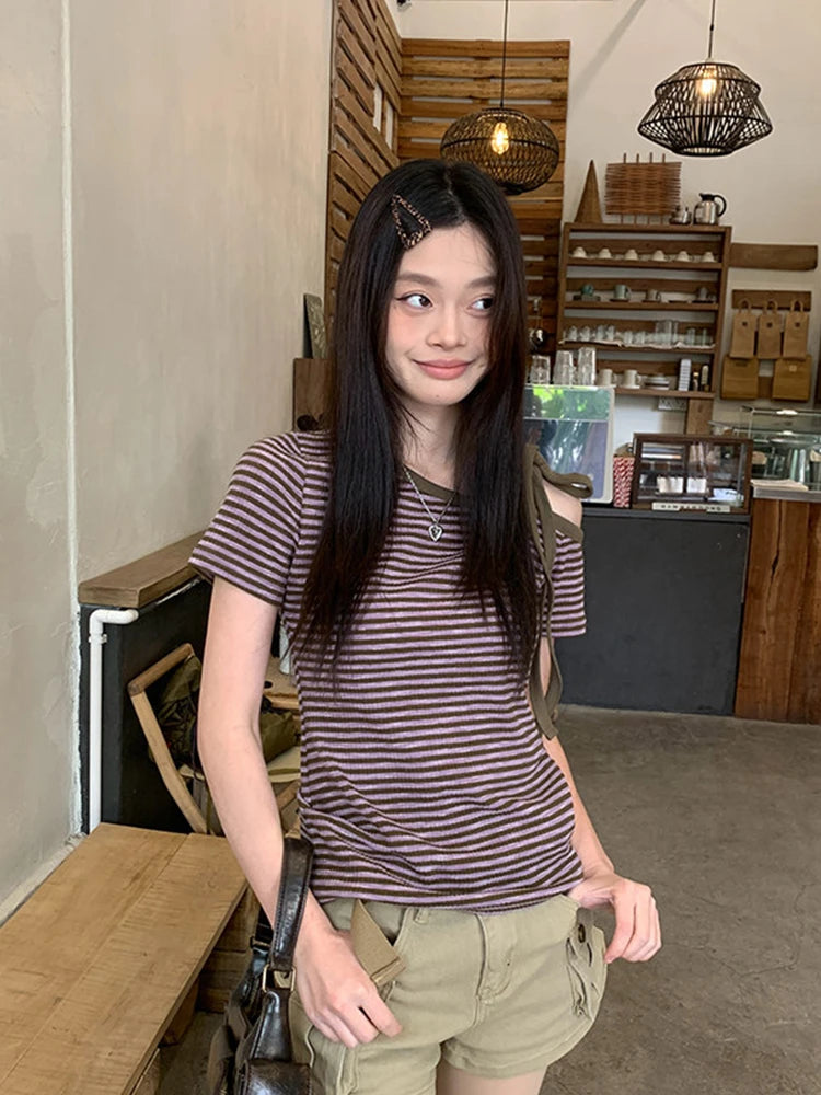 Cathy Dollette Korean Style Striped   Short Sleeve Lace Up Irreagual Tee Top  Grunge TopJapanese