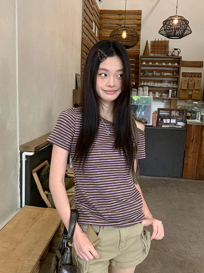 Cathy Dollette Korean Style Striped   Short Sleeve Lace Up Irreagual Tee Top  Grunge TopJapanese