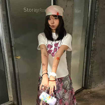 Cathy Dollette Harajuku T Shirt  Short Sleeve Print Graphic TopKorean Style  Vintage Tshirts White Slim Crop TopSummer