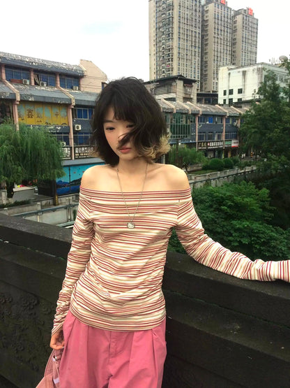 Cathy Dollette Vintage T Shirt  Striped Off Shoulder Crop Top Japanese 2000s Tee TopFemale Streetwear E-girls Tshirts