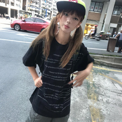 Cathy Dollette Japanese  Letter Print  2000s Style Short Sleeve Black Tee Shirt Vintage Harajuku Streetwear American Retro
