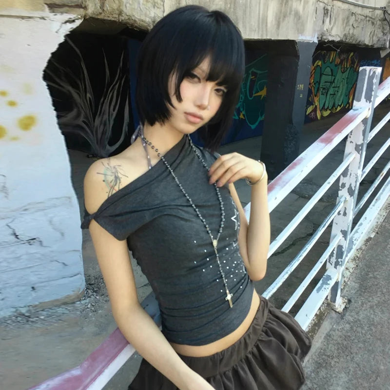 Cathy Dollette  Japanese   Irregular Crop TopOff Shoulder Diamonds Streetwear Grunge TopFairycore Tshirts