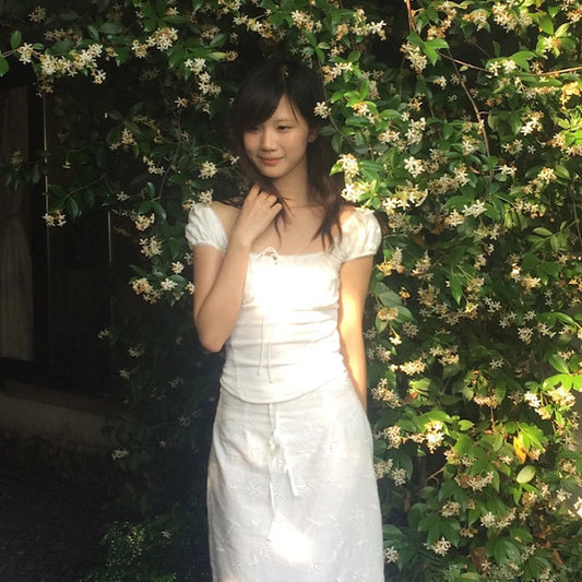 Cathy Dollette Japanese  Lace Cutout Top2000s Style Square Collar  Vintage Harajuku Puff Sleeves Crop TopFairycore Retro