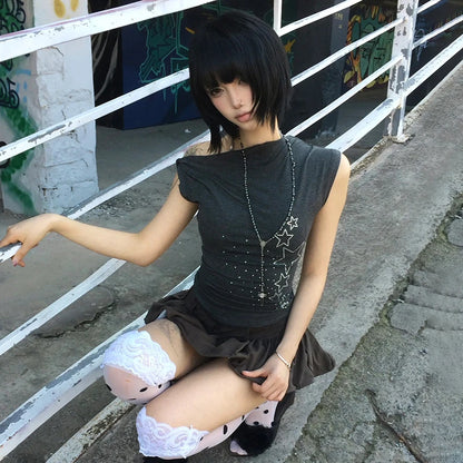 Cathy Dollette Japanese  Off Shoulder  Trashy 2000s Style Rhinestones Sleeveless Top Vintage Harajuku Crop Top American Retro