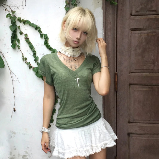 Cathy Dollette Japanese  Green Knitted  Trashy 2000s Style V-neck Top Vintage Harajuku Short Sleeve Tee Shirt American Retro