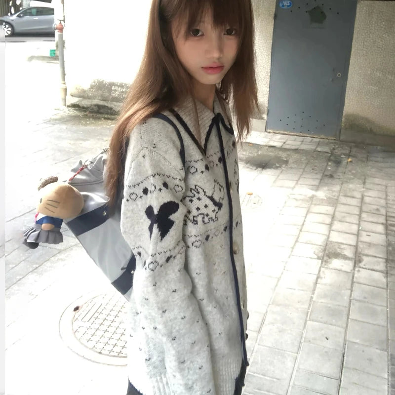 Cathy Dollette Japanese  Puppy Embroidered Cardigan 2000s Style Turn-down Collar Knitted Outerwears Vintage Harajuku Knitwear Korean
