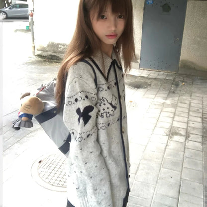 Cathy Dollette Japanese  Puppy Embroidered Cardigan 2000s Style Turn-down Collar Knitted Outerwears Vintage Harajuku Knitwear Korean