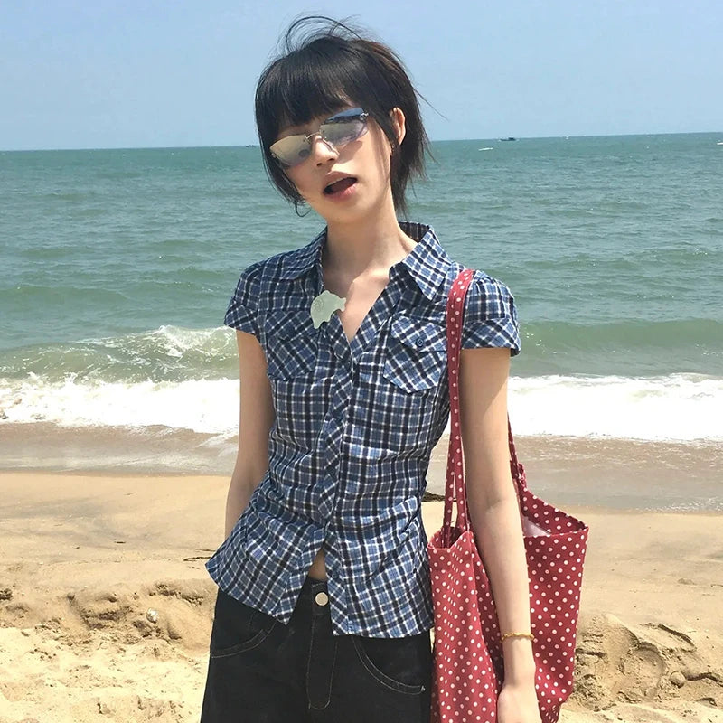 Cathy Dollette Japanese  Plaid Shirt Vintage Harajuku V-neck Blouses Korean Fashion  Short Sleeve Shirts 2000s American Retro