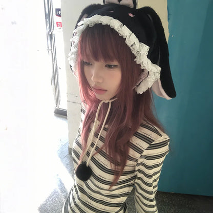 Cathy Dollette Japanese  Striped Knit  Vintage Harajuku Long Sleeve Knitted TopKorean 2000s Style Knitwear American Retro
