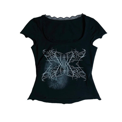 Cathy Dollette Japanese  Tattoo Print  Grunge s Lace Patchwork Short Sleeve T Shirt Vintage Gothic Black Crop Tops