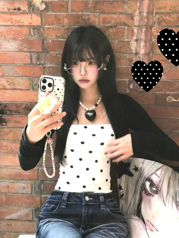 Cathy Dollette Korean Style   Polka Dot Patchwork Crop Top Fairycore Tshirts Japanese 2000s Streetwear Tee Tops