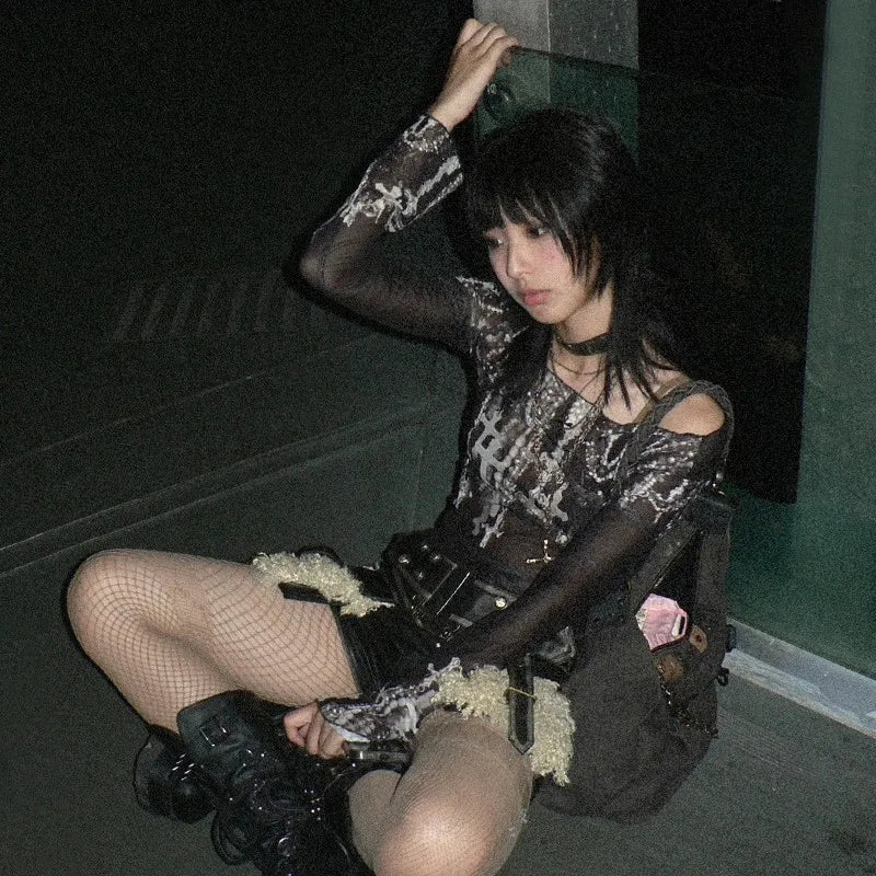 Cathy Dollette Grunge s Mesh TopJapanese  Tattoo Print Sheer TopVintage Harajuku See Through Long Sleeve  Gothic
