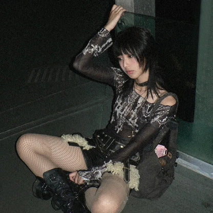 Cathy Dollette Grunge s Mesh TopJapanese  Tattoo Print Sheer TopVintage Harajuku See Through Long Sleeve  Gothic