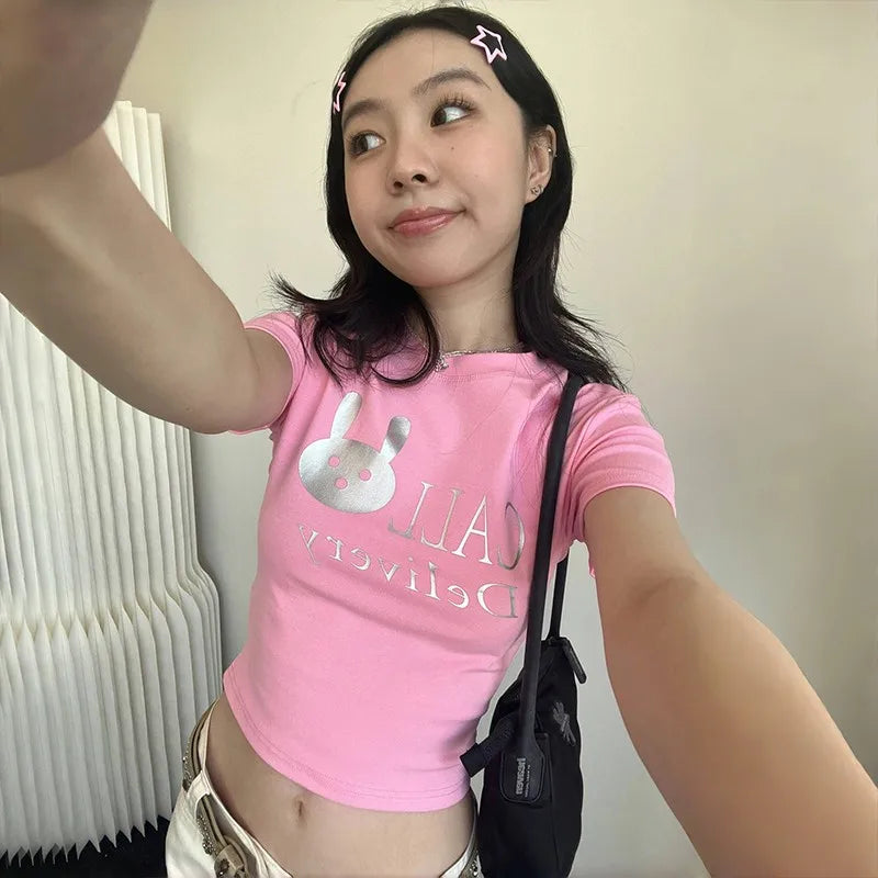 Cathy Dollette Japanese  Pink Crop Top 2000s s Kawaii Print  Harajuku Cutecore Short Sleeve Tee Shirt Korean Popular