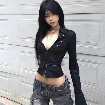 Cathy Dollette Black Gothic 's Shirt Long Sleeve Autumn TopTurn-down Collar Vintage Slim 2000s  Blouse Hippop Retro Chic