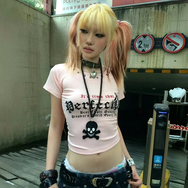 Cathy Dollette Japanese  Letter Print  Trashy 2000s Style Crop Top Vintage Harajuku Pink Tshirt Bandage Backless American 90s