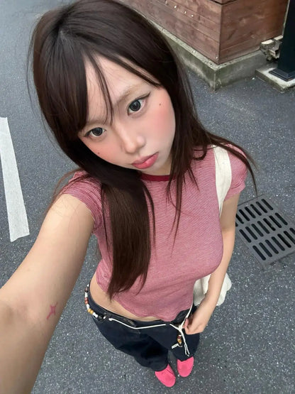 Cathy Dollette Harajuku Striped T Shirt  Short Sleeve Slim  Vintage Crop TopClassic American Retro Basic Tshirts Streetwear