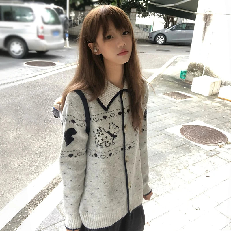 Cathy Dollette Japanese  Puppy Embroidered Cardigan 2000s Style Turn-down Collar Knitted Outerwears Vintage Harajuku Knitwear Korean