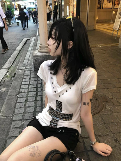 Cathy Dollette  Japanese T Shirt  Short Sleeve Sequined Cross Tee TopAmerican Retro Vintage TopE-girls Streetwear Tshirts