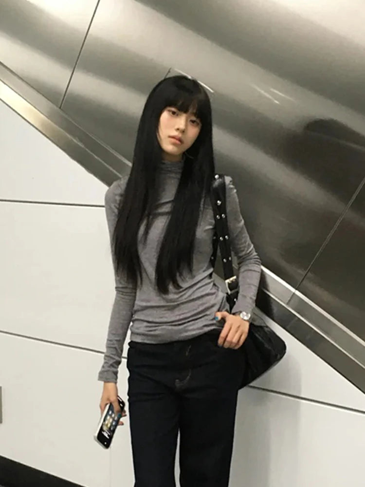 Cathy Dollette Harajuku   Turtleneck Slim Crop Top Japanese Tshirts Streetwear Korean Style Tee Top2000s