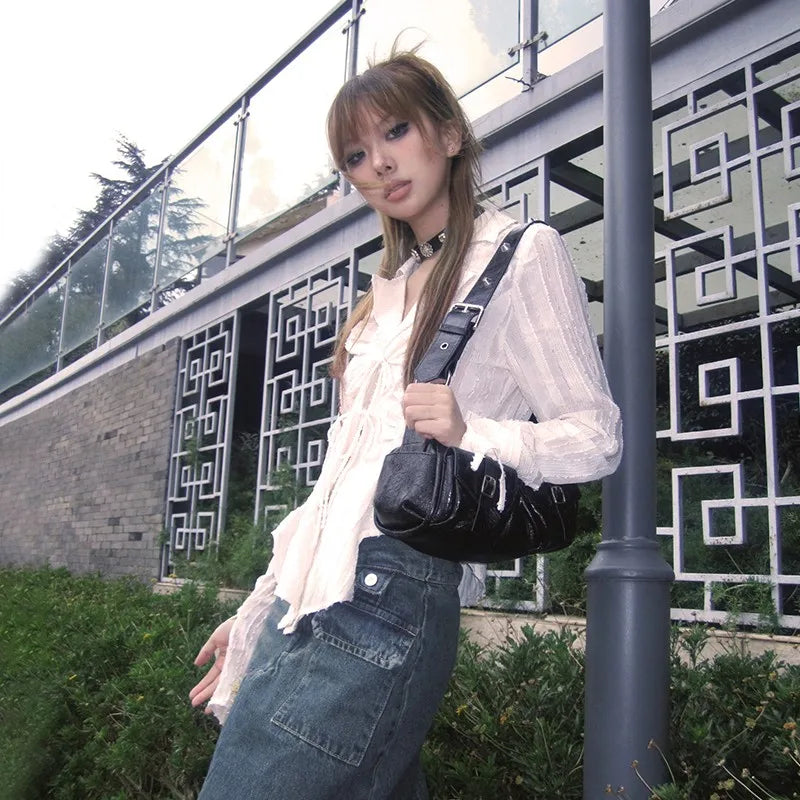 Cathy Dollette  s Pleated Shirt Fairycore Lace Up Blouse Trashy 2000s Style V-neck Shirt Irregular Japanese Harajuku 90s
