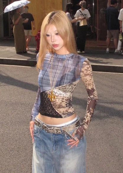 Cathy Dollette Japanese  Patchwork Mesh TopTrashy 2000s Lace Sheer Top Grunge s Irregular  Vintage Harajuku Korean