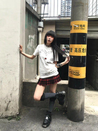 Cathy Dollette Gothic Retro T Shirt  Short Sleeve Print Graphic Top Grunge TopWhite Japanese 2000s Tshirt E-girls