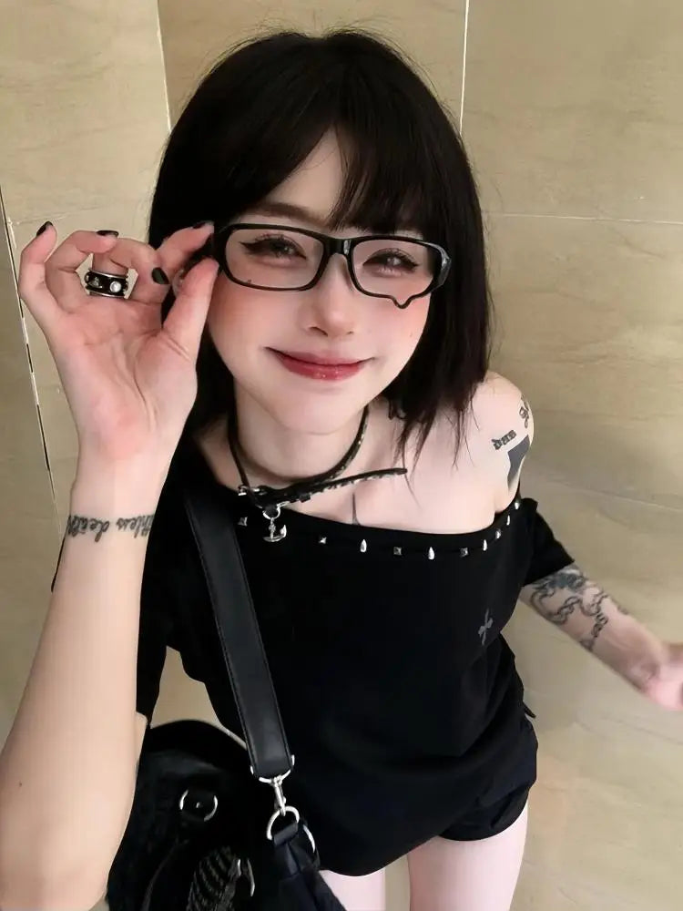 Cathy Dollette Black Off Shoulder Cross 's  Short Sleeve 2000s Clothes  Summer TopTees Female Clothing Chic Vintage