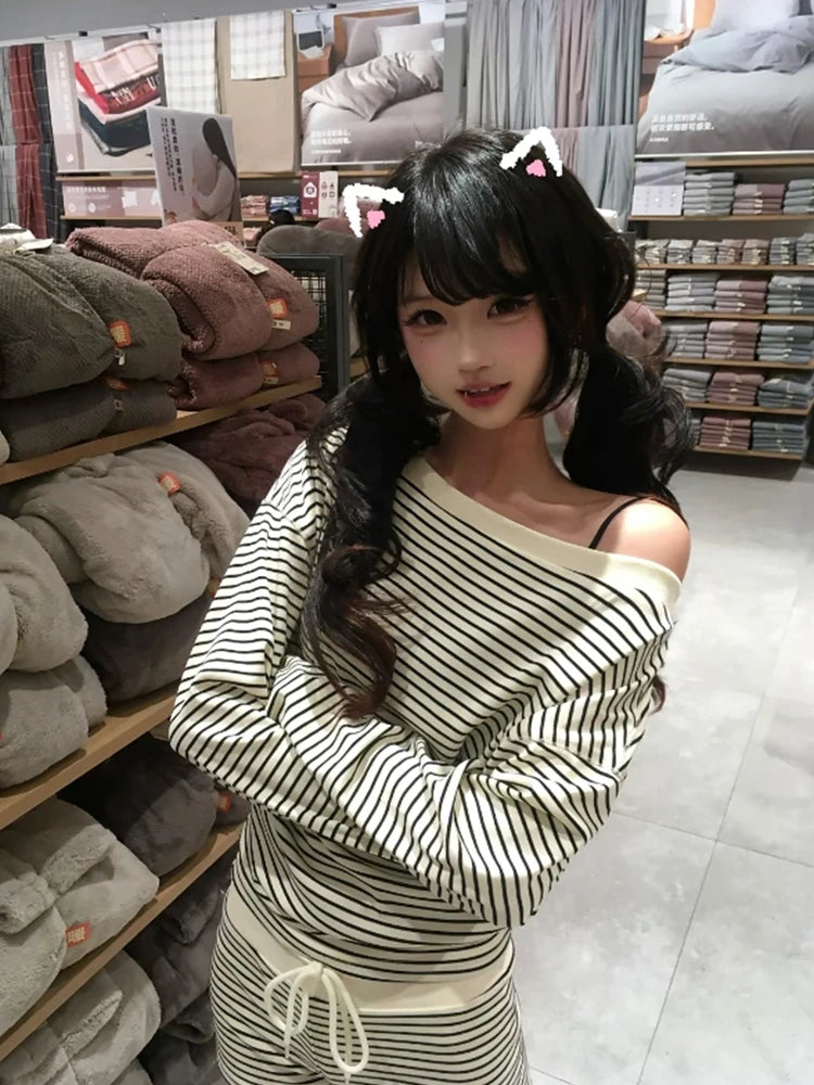 Cathy Dollette  Japanese Two Pieces Suits Off Shoulder Tshirts + Mini Shorts Streetwear Vintage Striped  Sets Outfits Korean