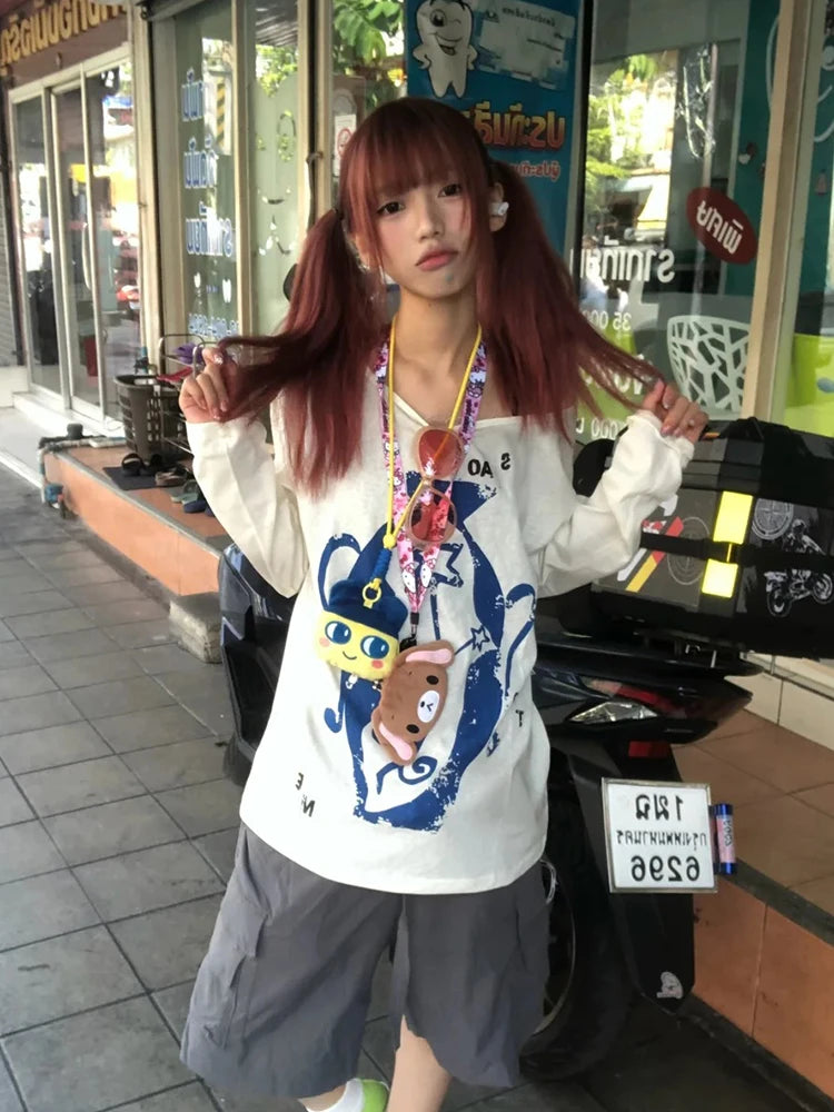 Cathy Dollette Japanese 2000s Print Graphic TopLong Sleeve  Vintage Tshirts  Casual Loose Tee TopE-girls American Retro