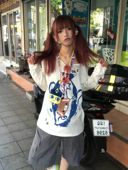 Cathy Dollette Japanese 2000s Print Graphic TopLong Sleeve  Vintage Tshirts  Casual Loose Tee TopE-girls American Retro