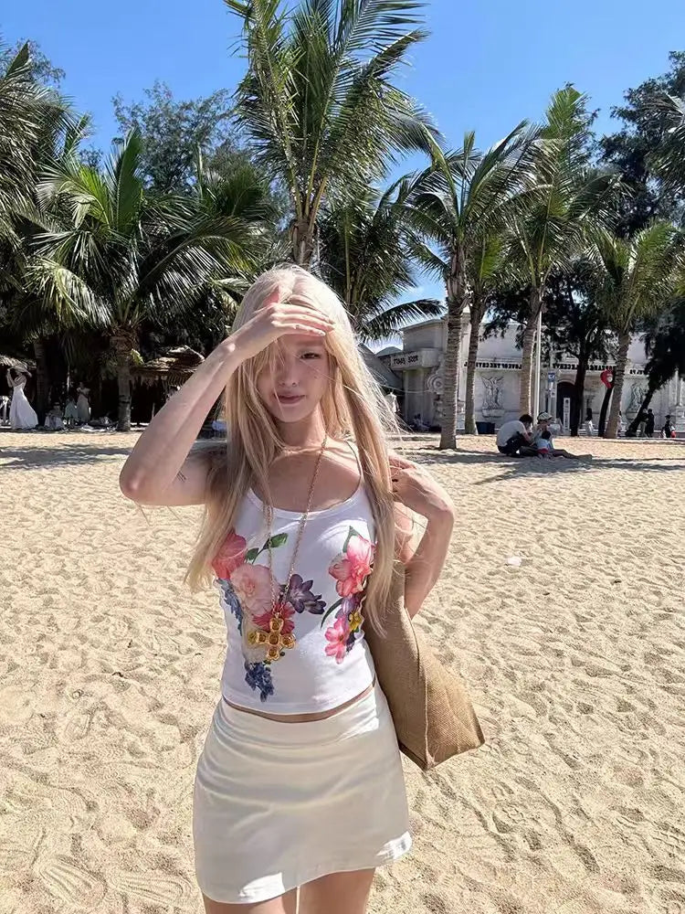 Cathy Dollette Hotsweet Tank TopWoman Clothing Print Floral Sleeveless  2000s Clothes  Korean Fashion Summer TopTanks