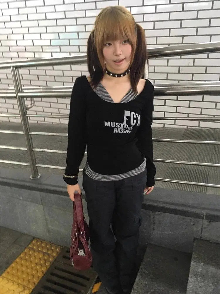 Cathy Dollette Gothic Print T Shirt  Patchwrok Fake Two Pieces Top Vintage Crop Top 2000s Japanese Tshirts Tops