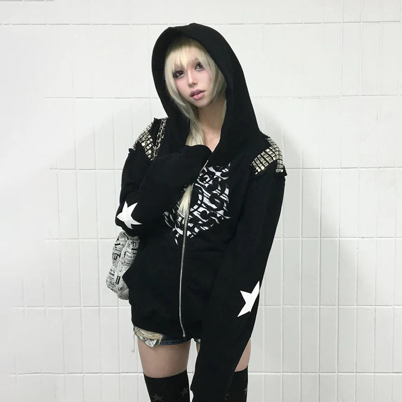 Cathy Dollette Grunge s Tattoo Print Jacket Trashy 2000s Style Hooded Outerwears Japanese  Rivet Coat Gothic American Retro