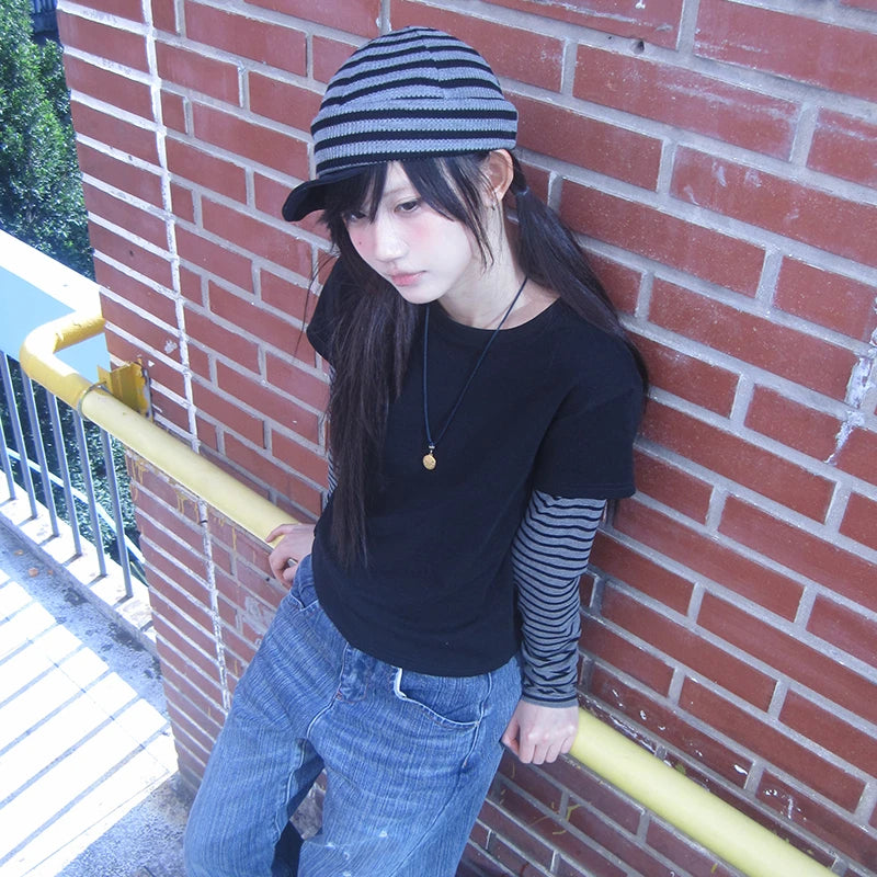 Cathy Dollette Japanese  Fake Two-piece Top2000s Style Long Sleeve Knitted  Vintage Harajuku Knit Streetwear American Retro