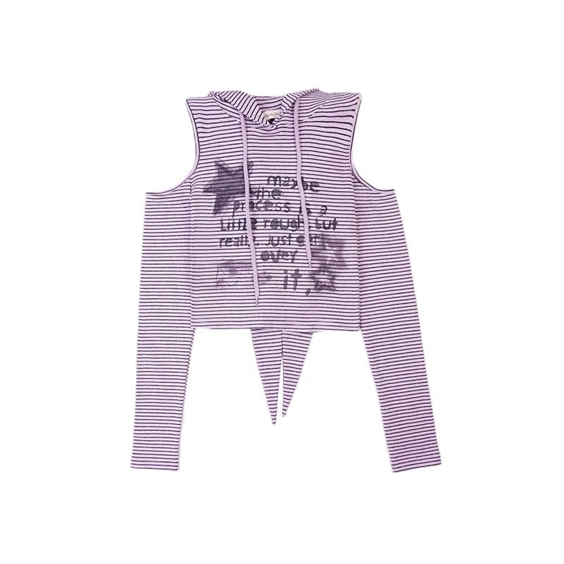 Cathy Dollette Japanese  Hooded  Vintage 2000s Style Rabbit Ears TopHarajuku Purple Striped Hollow Out TopGrunge Lolita