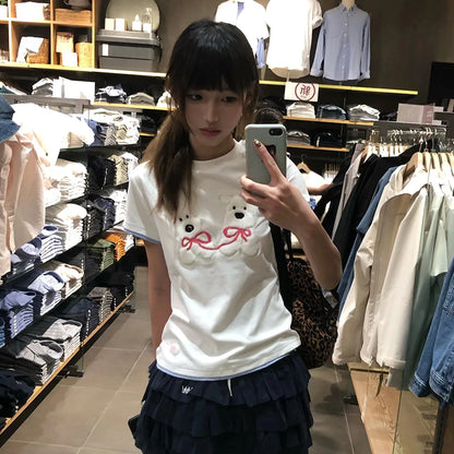 Cathy Dollette Japanese  Puppy Embroidery  Kawaii 2000s Style Fake Two-piece TopVintage Harajuku Short Sleeve Tee Shirt 90s