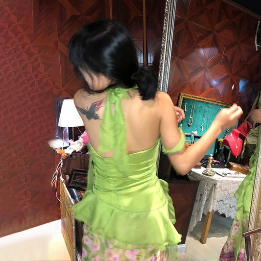 Cathy Dollette Japanese  Halter TopCottagecore s Chiffon Tank Top Vintage Harajuku Green Ruffled Sleeveless Top2000s