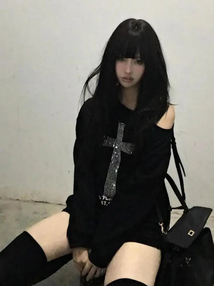 Cathy Dollette Cross One-shoulder Graphic Hoodies Long Sleeve Black 's Sweatshirts Harajuku Grunge 2000s Clothes  Autumn Tops