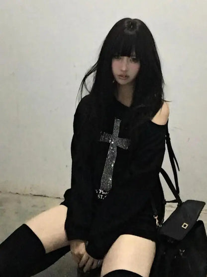 Cathy Dollette Cross One-shoulder Graphic Hoodies Long Sleeve Black 's Sweatshirts Harajuku Grunge 2000s Clothes  Autumn Tops