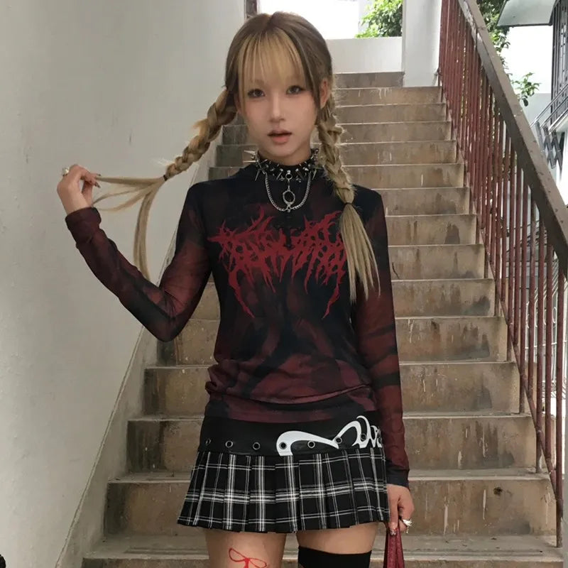 Cathy Dollette Grunge s Tattoo Print  Vintage Gothic Red Mesh TopTrashy  Long Sleeve Sheer TopPunk Alternative