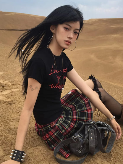 Cathy Dollette  Japanese T Shirt  Print Letter Crop TopBlack American Retro 90s Tee Top Grunge TopSummer