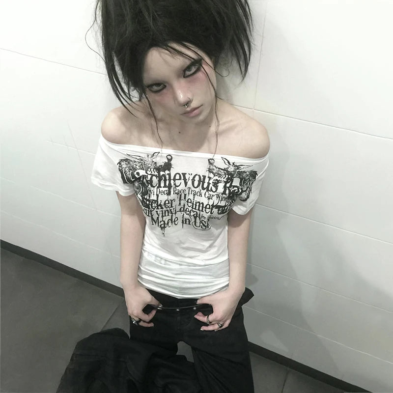 Cathy Dollette Grunge s Tattoo Print  Trashy 2000s Style Letter T Shirt Japanese  White Sheer TopGothic Vintage